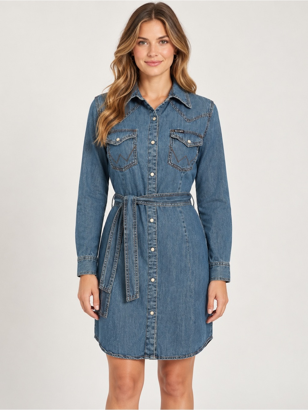 Wrangler Retro Women’s Small Denim Western Shirt Dress Pearl Snap 100% Cotton